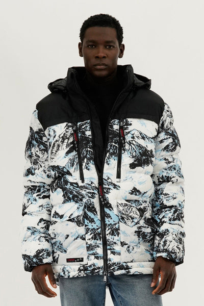 Canada Weather Gear Mountain Print Puffer Bomber Jacket - White - Mens Bomber Jackets - Canada Weather Gear