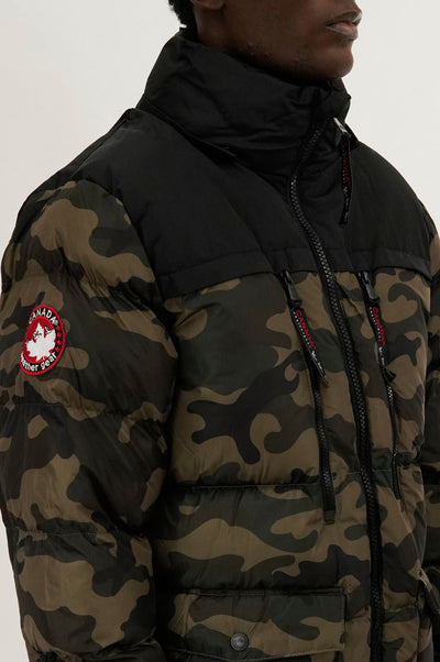 Canada Weather Gear Colour Block Camo Puffer Bomber Jacket - Olive - Mens Bomber Jackets - Canada Weather Gear