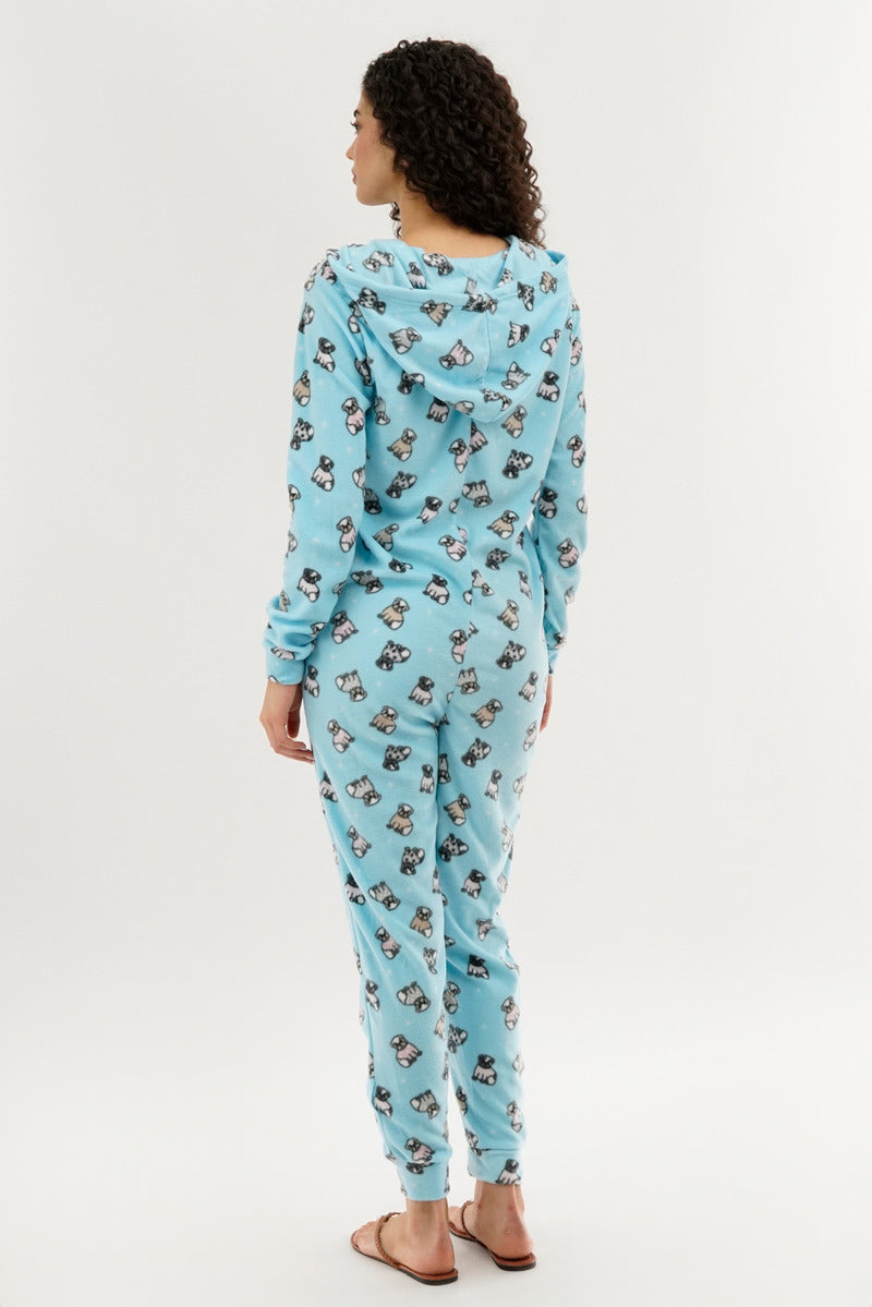 Canada Weather Gear Pug Print Fleece Onesie - Aqua - Womens Onesies - Canada Weather Gear
