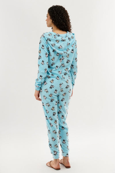 Canada Weather Gear Pug Print Fleece Onesie - Aqua - Womens Onesies - Canada Weather Gear