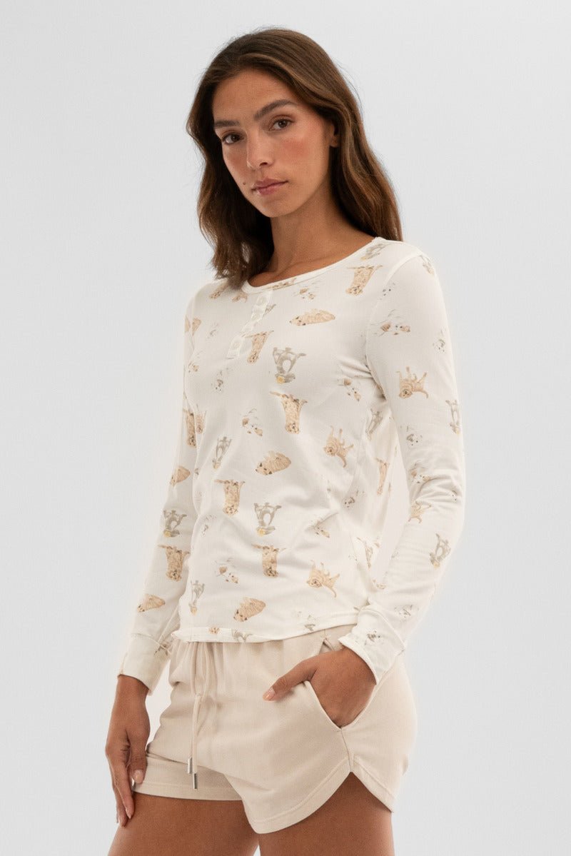 Canada Weather Gear Dog Print Henley Pajama Top - Beige