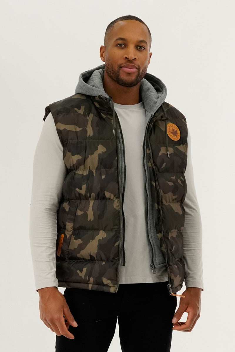 Canada Weather Gear Hooded Camo Print Puffer Vest - Olive - Mens Vests - Canada Weather Gear