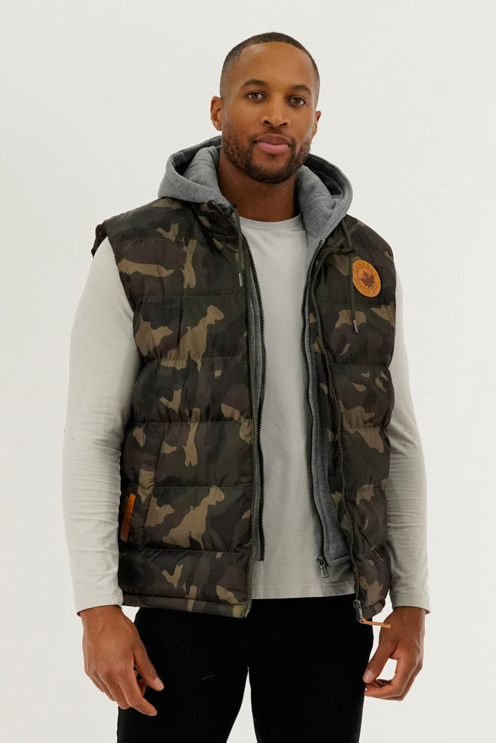 Hooded Camo Print Puffer Vest - Olive