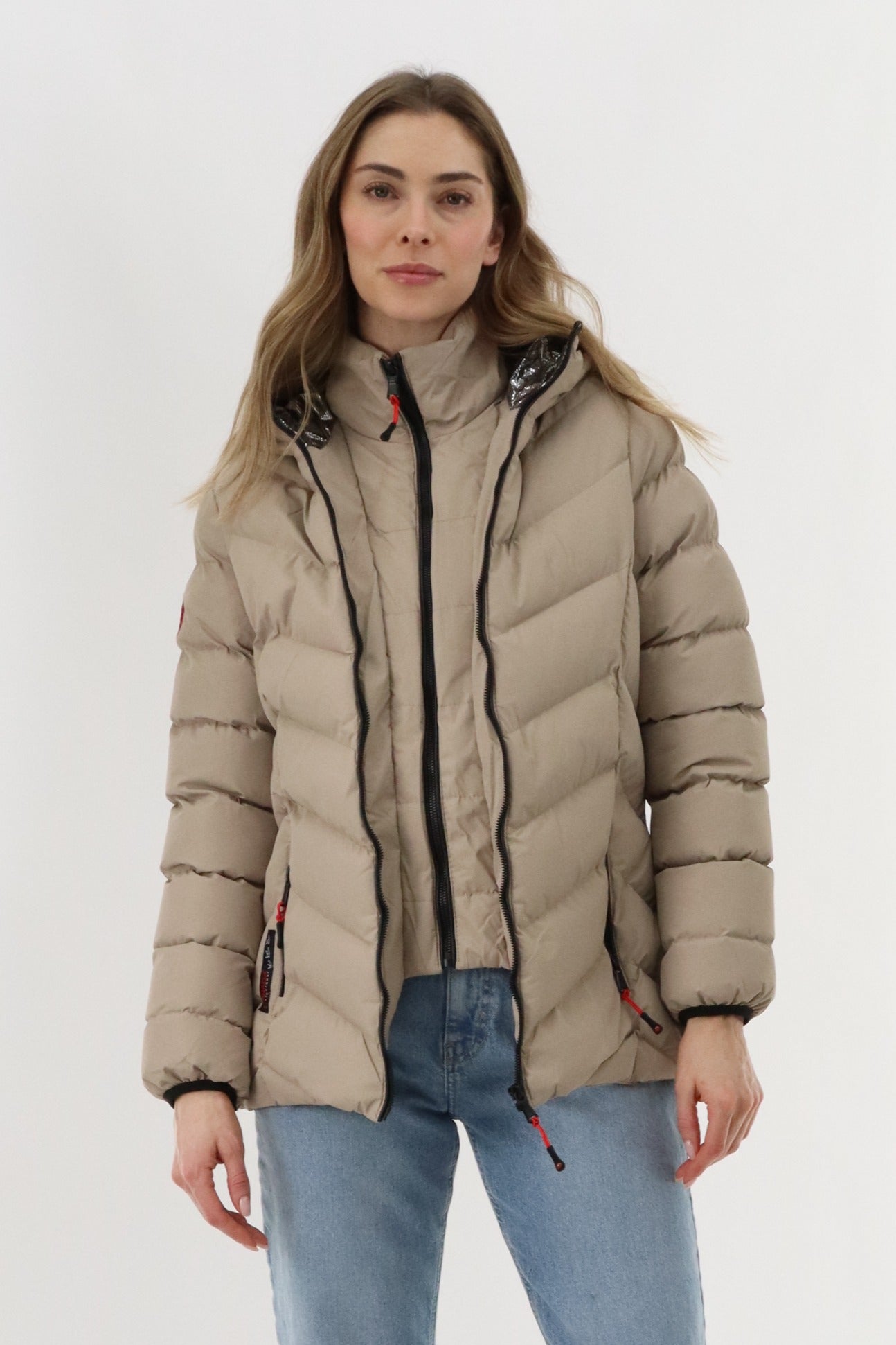 Canada Weather Gear Quilted Puffer Double Zip Bomber Jacket - Beige - Womens Bomber Jackets - Canada Weather Gear