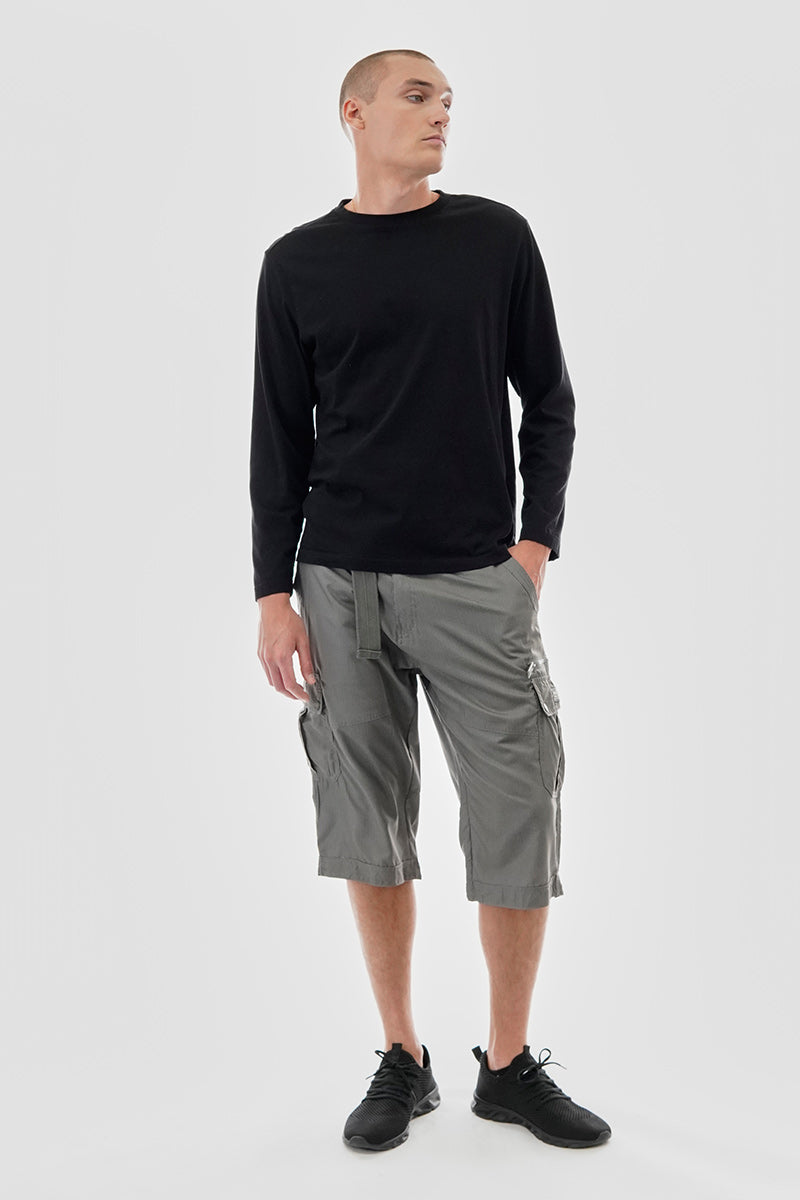 Belted Striped Cargo Shorts - Grey