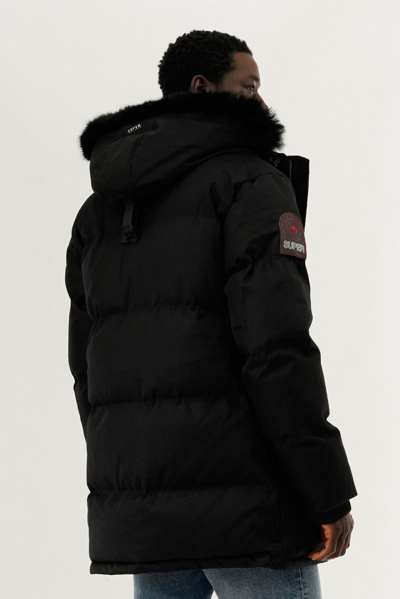 Super Triple Goose Faux Fur Lined Backpack Strap Parka Jacket - Black - Mens Parka Jackets - Canada Weather Gear