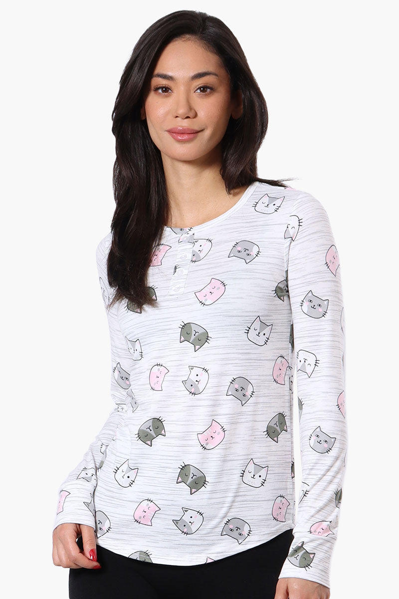 Canada Weather Gear Cat Pattern Henley Pajama Top - White - Womens Pajamas - Canada Weather Gear