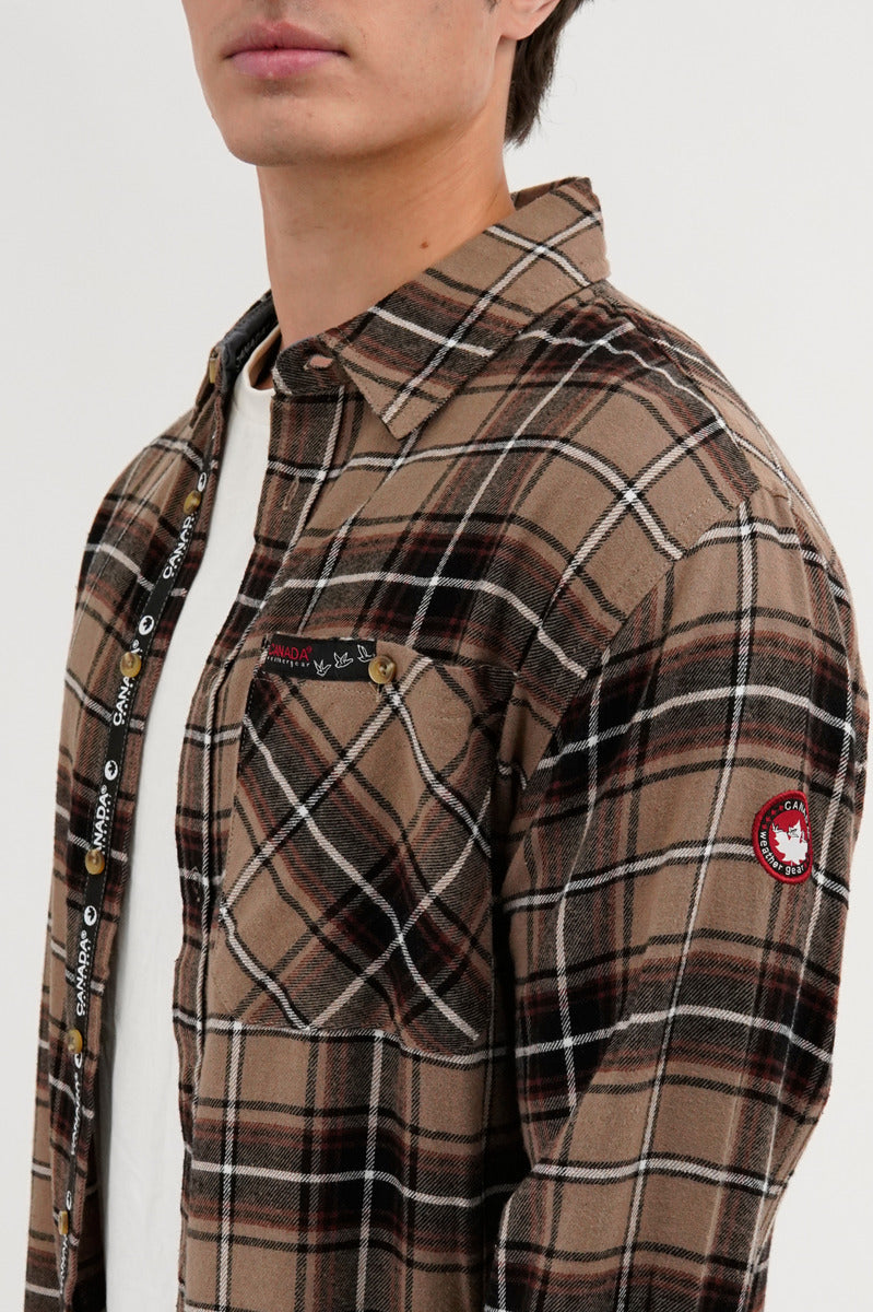 Canada Weather Gear Flannel Button Up Casual Shirt - Taupe - Mens Casual Shirts - Canada Weather Gear