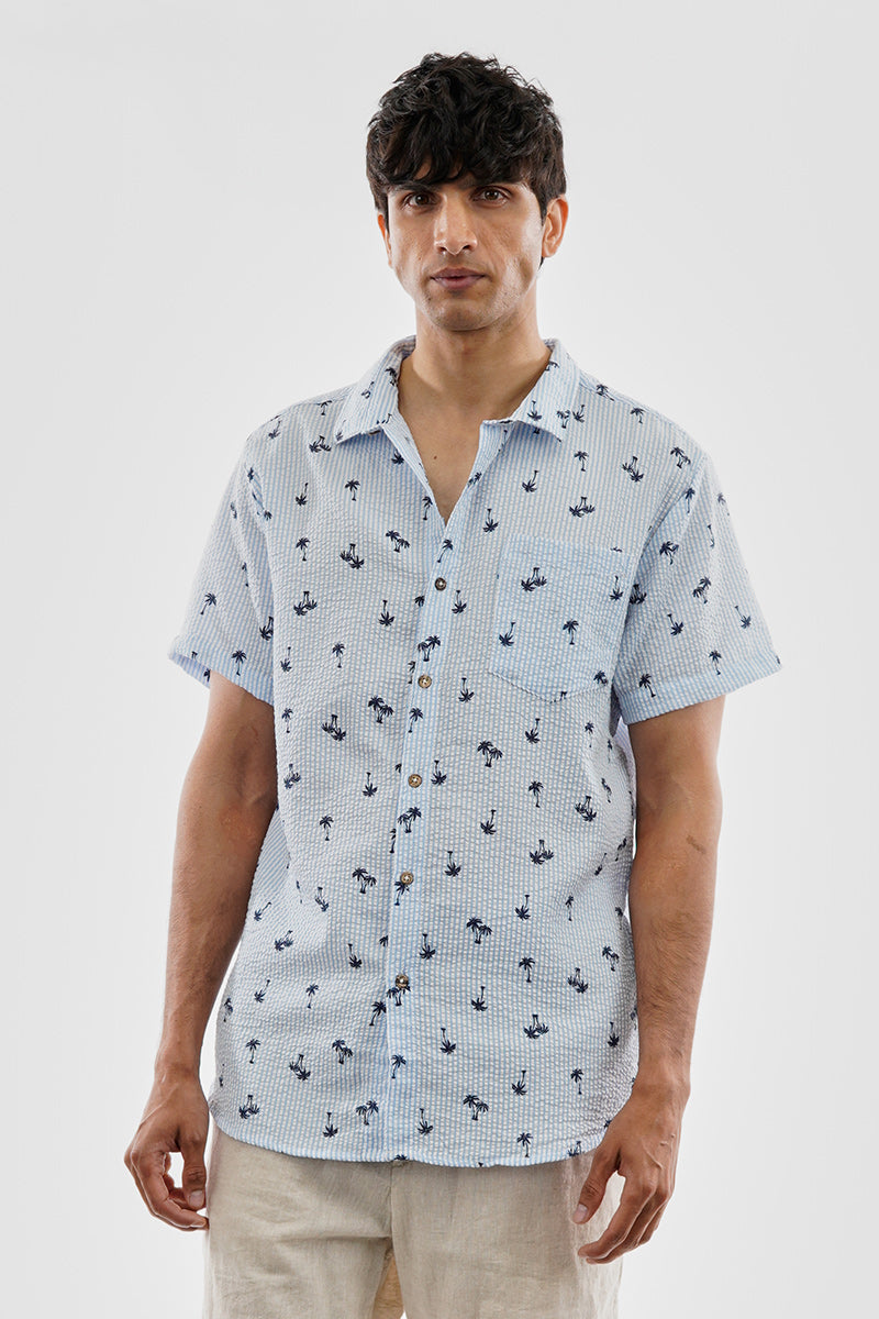 Canada Weather Gear Vintage Striped Palm Tree Pattern Button Up Casual Shirt - Blue - Mens Casual Shirts - Canada Weather Gear