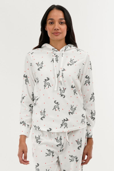Canada Weather Gear Reindeer Print Hooded Pajama Top - White - Womens Pajamas - Canada Weather Gear