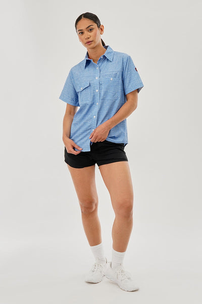Canada Weather Gear Short Sleeve Button Up Utility Shirt - Blue - Womens Shirts & Blouses - Canada Weather Gear