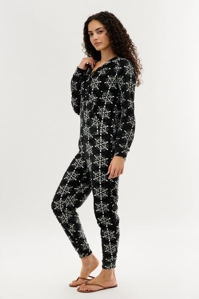 Canada Weather Gear Festive Print Fleece Onesie - Black - Womens Onesies - Canada Weather Gear