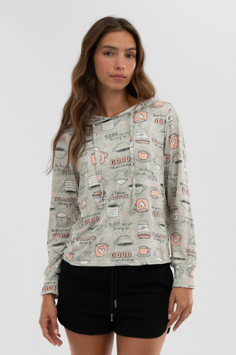 Canada Weather Gear Coffee Print Hooded Pajama Top - Grey - Womens Pajamas - Canada Weather Gear