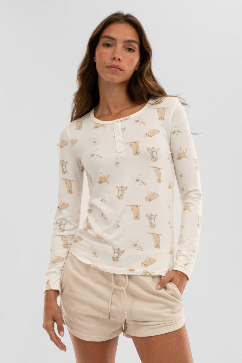 Canada Weather Gear Dog Print Henley Pajama Top - Beige