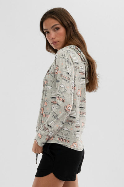 Canada Weather Gear Coffee Print Hooded Pajama Top - Grey - Womens Pajamas - Canada Weather Gear