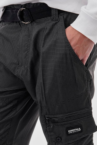 Essentials Super Triple Goose Grid Pattern Belted Cargo Shorts - Black - Mens Shorts & Capris - Canada Weather Gear