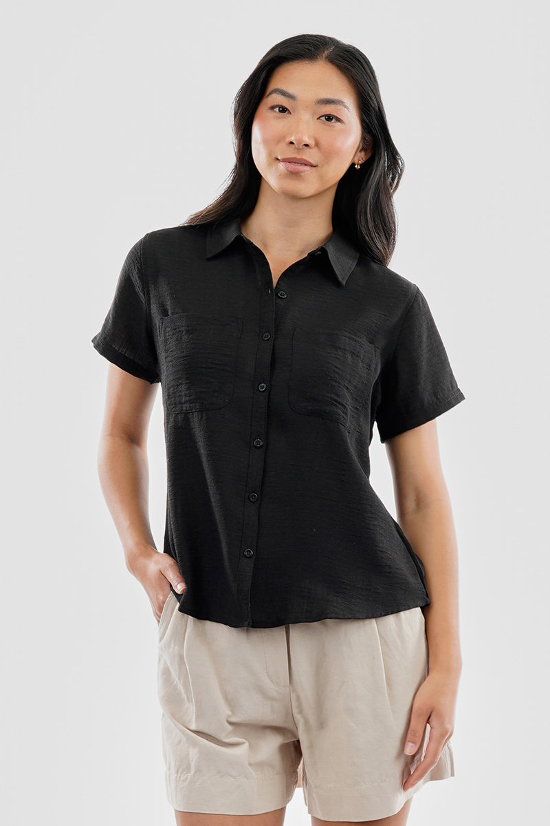 Super Triple Goose Vintage Short Sleeve Button Up Textured Shirt - Black - Womens Shirts & Blouses - Canada Weather Gear