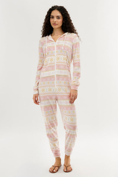 Canada Weather Gear Festive Print Fleece Onesie - Blush - Womens Onesies - Canada Weather Gear