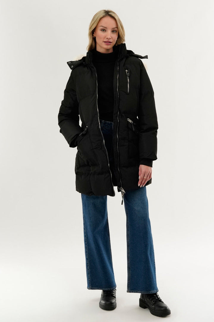 Faux Fur Lined Hood Parka Jacket - Black