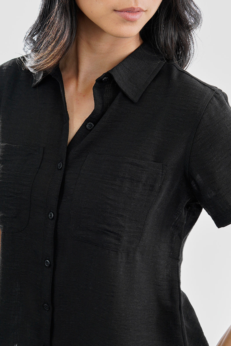 Super Triple Goose Vintage Short Sleeve Button Up Textured Shirt - Black - Womens Shirts & Blouses - Canada Weather Gear