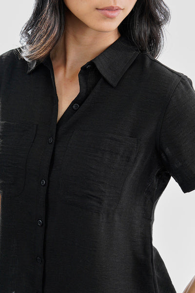 Super Triple Goose Vintage Short Sleeve Button Up Textured Shirt - Black - Womens Shirts & Blouses - Canada Weather Gear