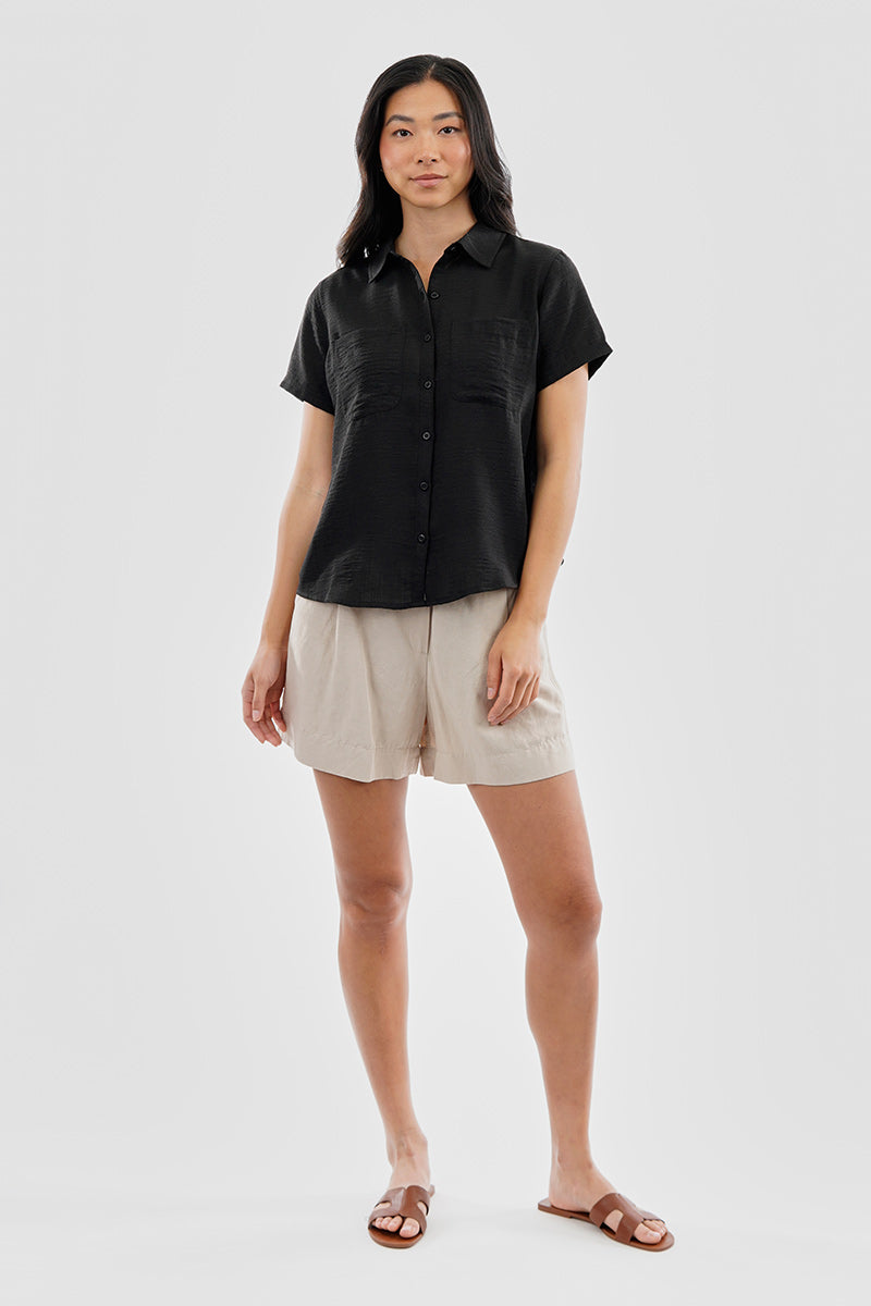 Super Triple Goose Vintage Short Sleeve Button Up Textured Shirt - Black - Womens Shirts & Blouses - Canada Weather Gear