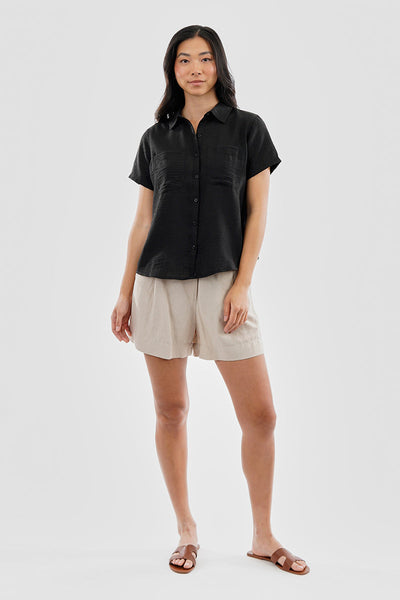 Super Triple Goose Vintage Short Sleeve Button Up Textured Shirt - Black - Womens Shirts & Blouses - Canada Weather Gear