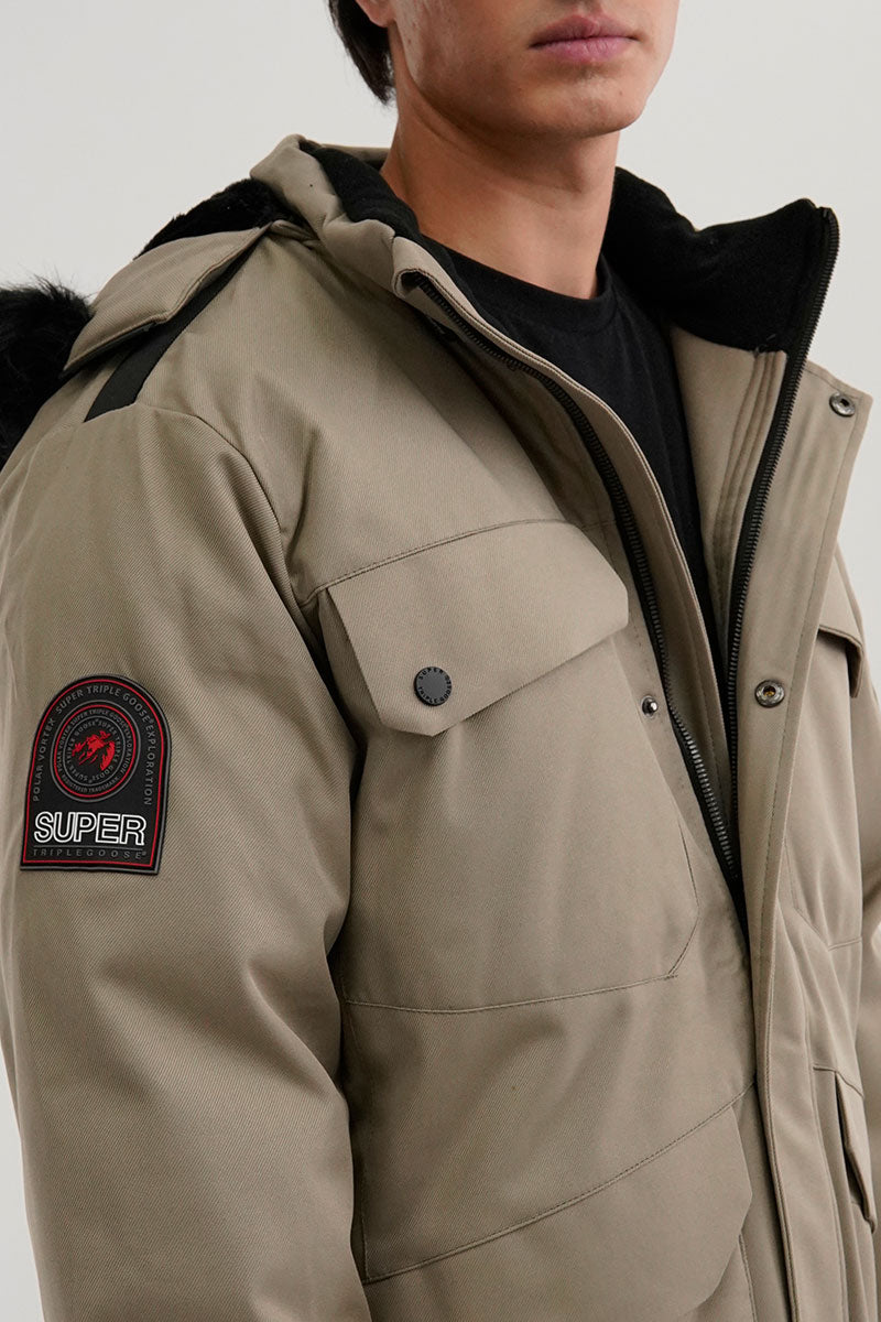 Super Triple Goose Faux Fur Lined Parka Jacket - Beige