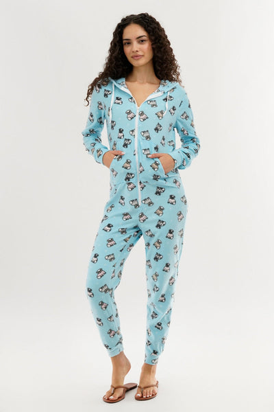 Canada Weather Gear Pug Print Fleece Onesie - Aqua - Womens Onesies - Canada Weather Gear