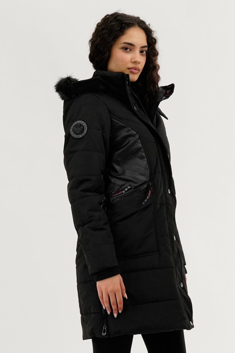 Canada Weather Gear Vegan Leather Insert Parka Jacket - Black - Womens Parka Jackets - Canada Weather Gear