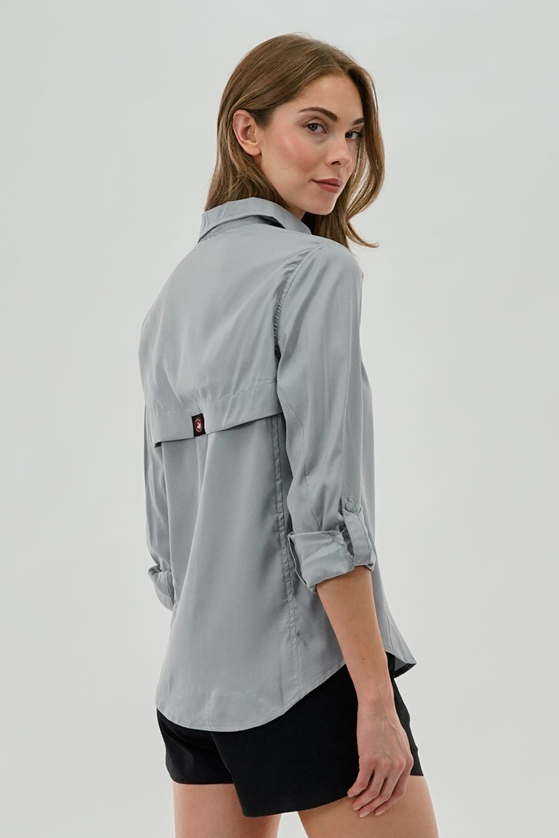 Canada Weather Gear Button Up Collared Shirt - Grey - Womens Shirts & Blouses - Canada Weather Gear