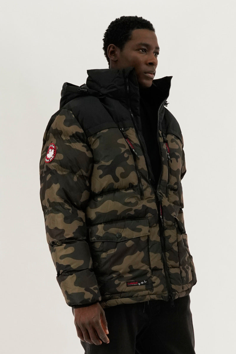 Canada Weather Gear Colour Block Camo Puffer Bomber Jacket - Olive - Mens Bomber Jackets - Canada Weather Gear