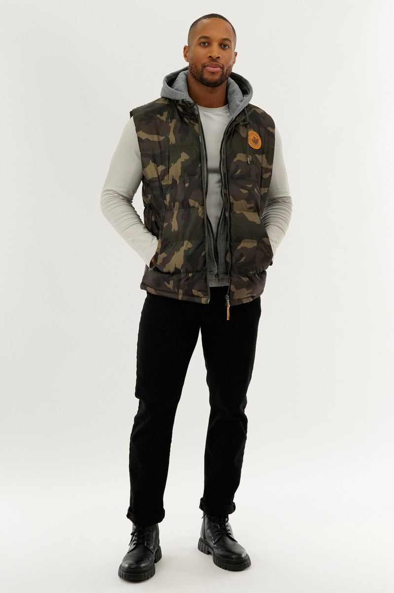 Canada Weather Gear Hooded Camo Print Puffer Vest - Olive - Mens Vests - Canada Weather Gear