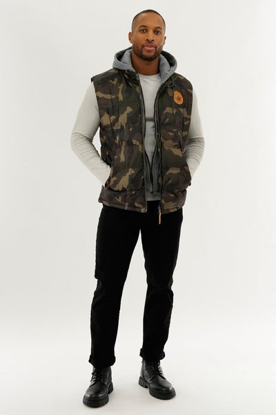 Canada Weather Gear Hooded Camo Print Puffer Vest - Olive - Mens Vests - Canada Weather Gear