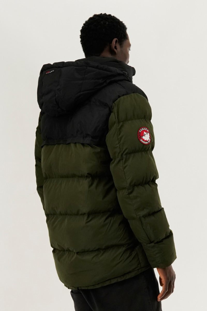 Canada Weather Gear Colour Block Puffer Bomber Jacket - Olive - Mens Bomber Jackets - Canada Weather Gear