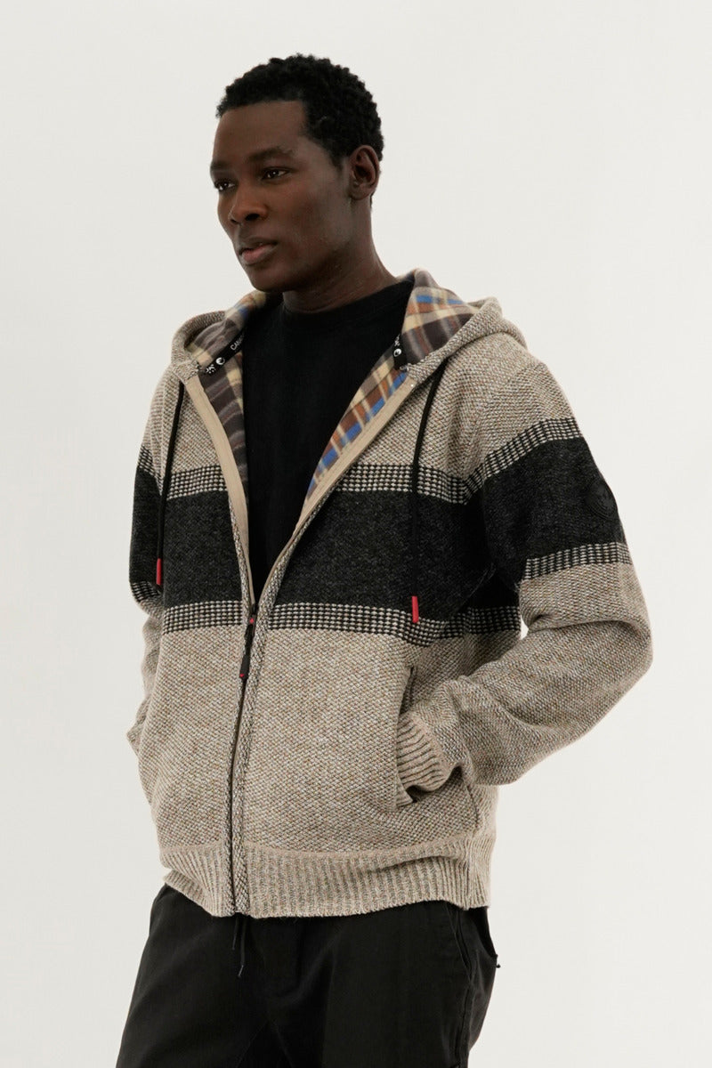 Canada Weather Gear Plaid Lined Striped Zip Up Hoodie - Beige - Mens Hoodies & Sweatshirts - Canada Weather Gear