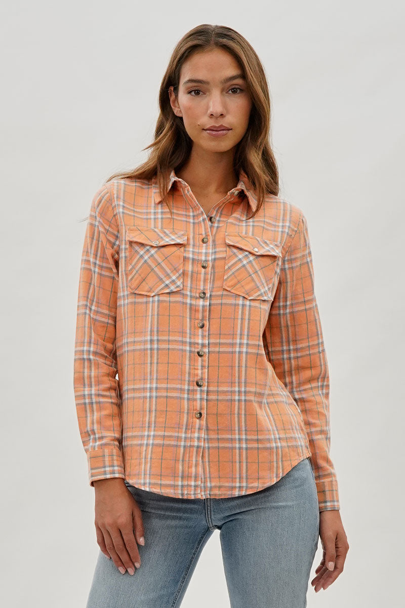 Canada Weather Gear Plaid Button Up Shirt - Peach - Womens Shirts & Blouses - Canada Weather Gear