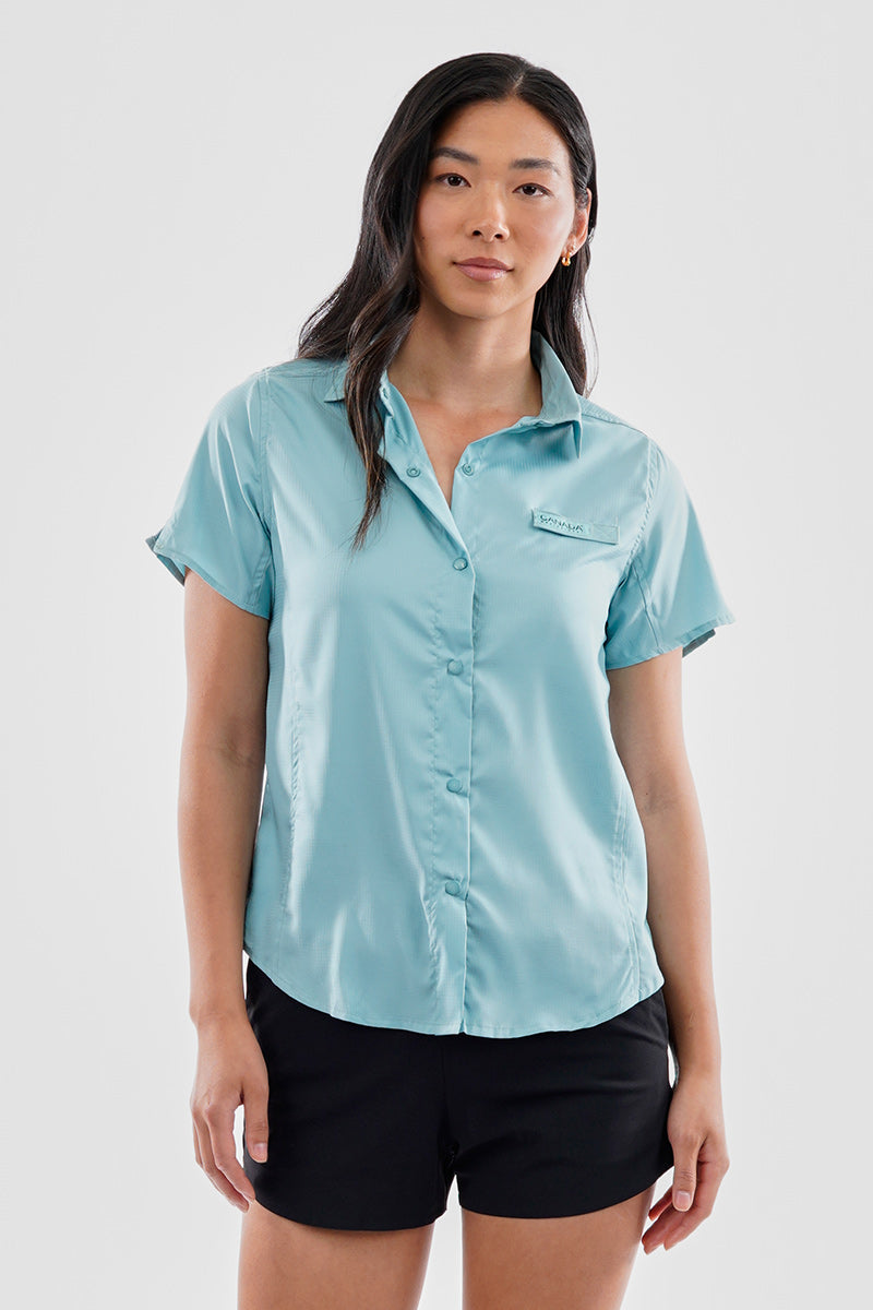 Canada Weather Gear Solid Short Sleeve Button Up Shirt - Aqua - Womens Shirts & Blouses - Canada Weather Gear