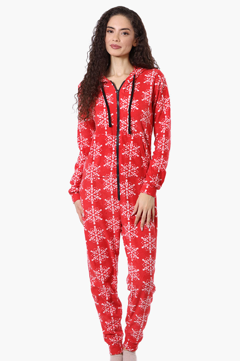 Canada Weather Gear Hooded Snowflake Pattern Fleece Onesie - Red - Womens Onesies - Canada Weather Gear