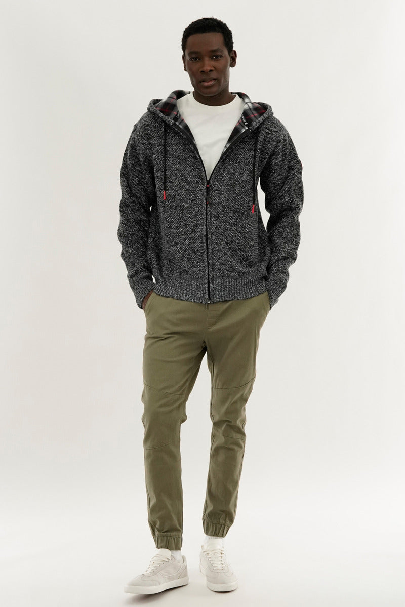 Canada Weather Gear Plaid Lined Zip Up Knit Hoodie - Black - Mens Hoodies & Sweatshirts - Canada Weather Gear