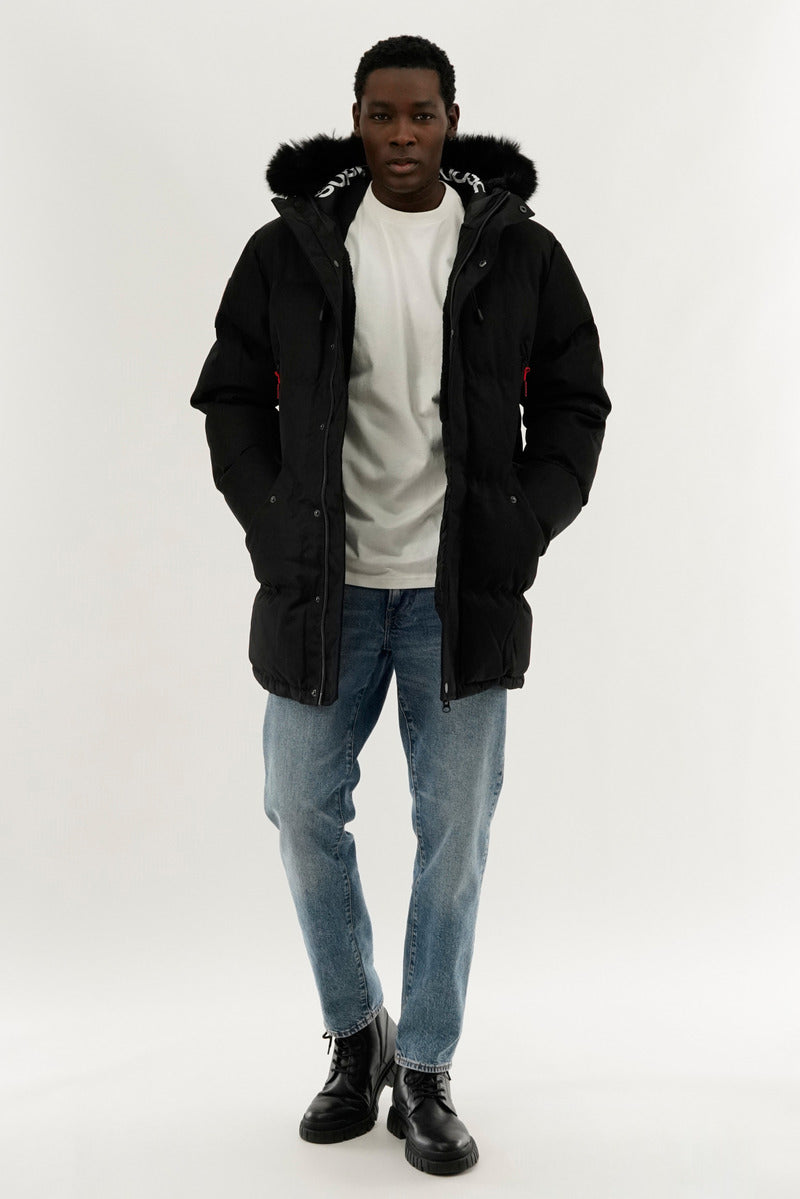 Super Triple Goose Faux Fur Lined Backpack Strap Parka Jacket - Black - Mens Parka Jackets - Canada Weather Gear