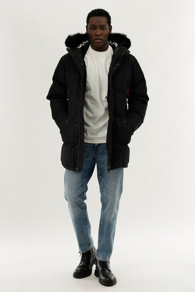 Super Triple Goose Faux Fur Lined Backpack Strap Parka Jacket - Black - Mens Parka Jackets - Canada Weather Gear