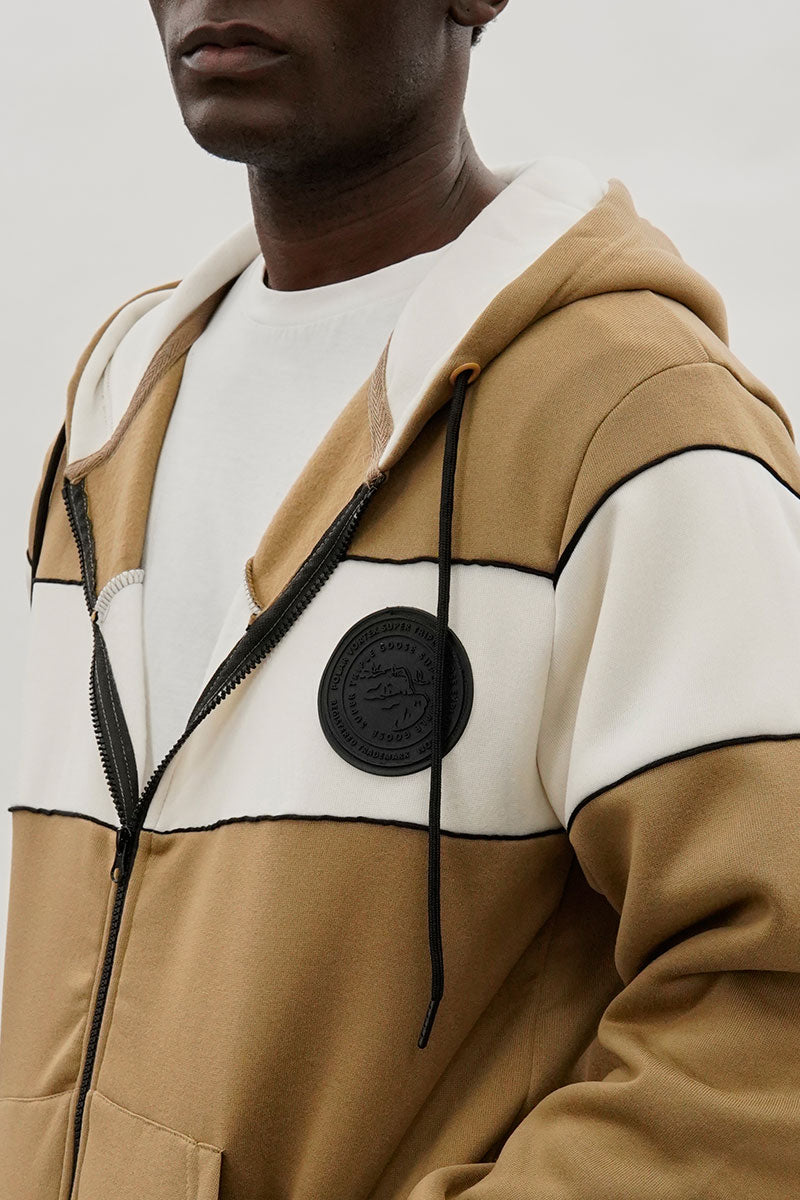 Colour Block Zip Up Hoodie - Beige