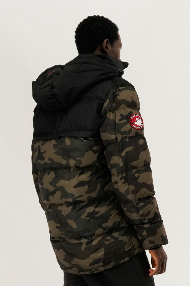 Canada Weather Gear Colour Block Camo Puffer Bomber Jacket - Olive - Mens Bomber Jackets - Canada Weather Gear