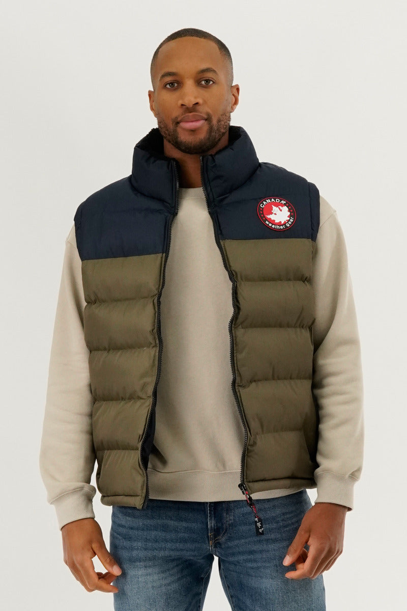 Canada Weather Gear Colour Block Puffer Vest - Olive - Mens Vests - Canada Weather Gear