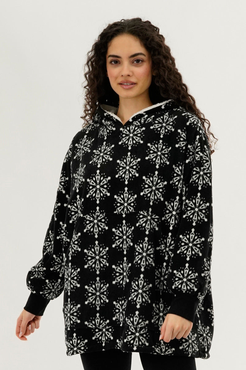 Canada Weather Gear Festive Print Oversided Hooded Pajama Top - Black - Womens Pajamas - Canada Weather Gear