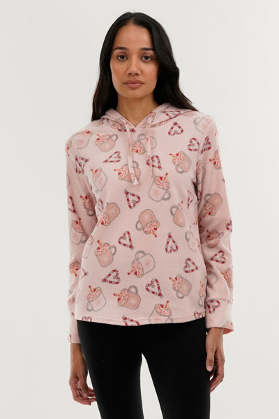 Canada Weather Gear Festive Print Hooded Pajama Top - Pink - Womens Pajamas - Canada Weather Gear