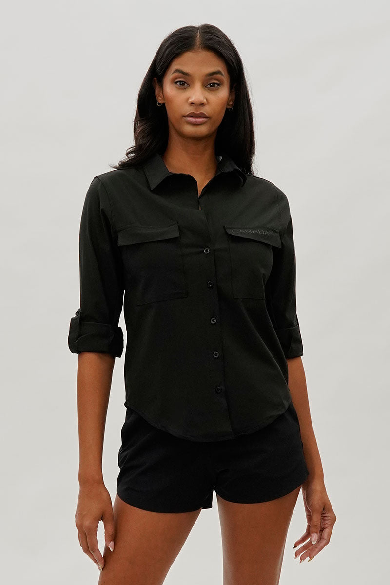 Canada Weather Gear Button Up Ripstop Utility Shirt - Black - Womens Shirts & Blouses - Canada Weather Gear