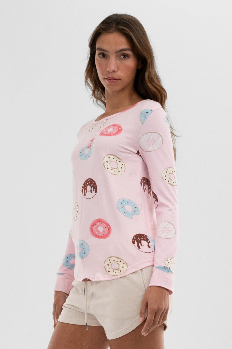 Canada Weather Gear Doughnut Print Henley Pajama Top - Pink - Womens Pajamas - Canada Weather Gear