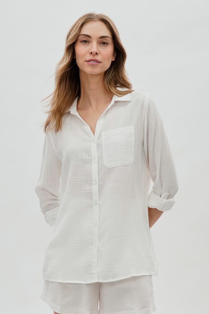 Super Triple Goose Vintage Textured Button Up Shirt - White - Womens Shirts & Blouses - Canada Weather Gear